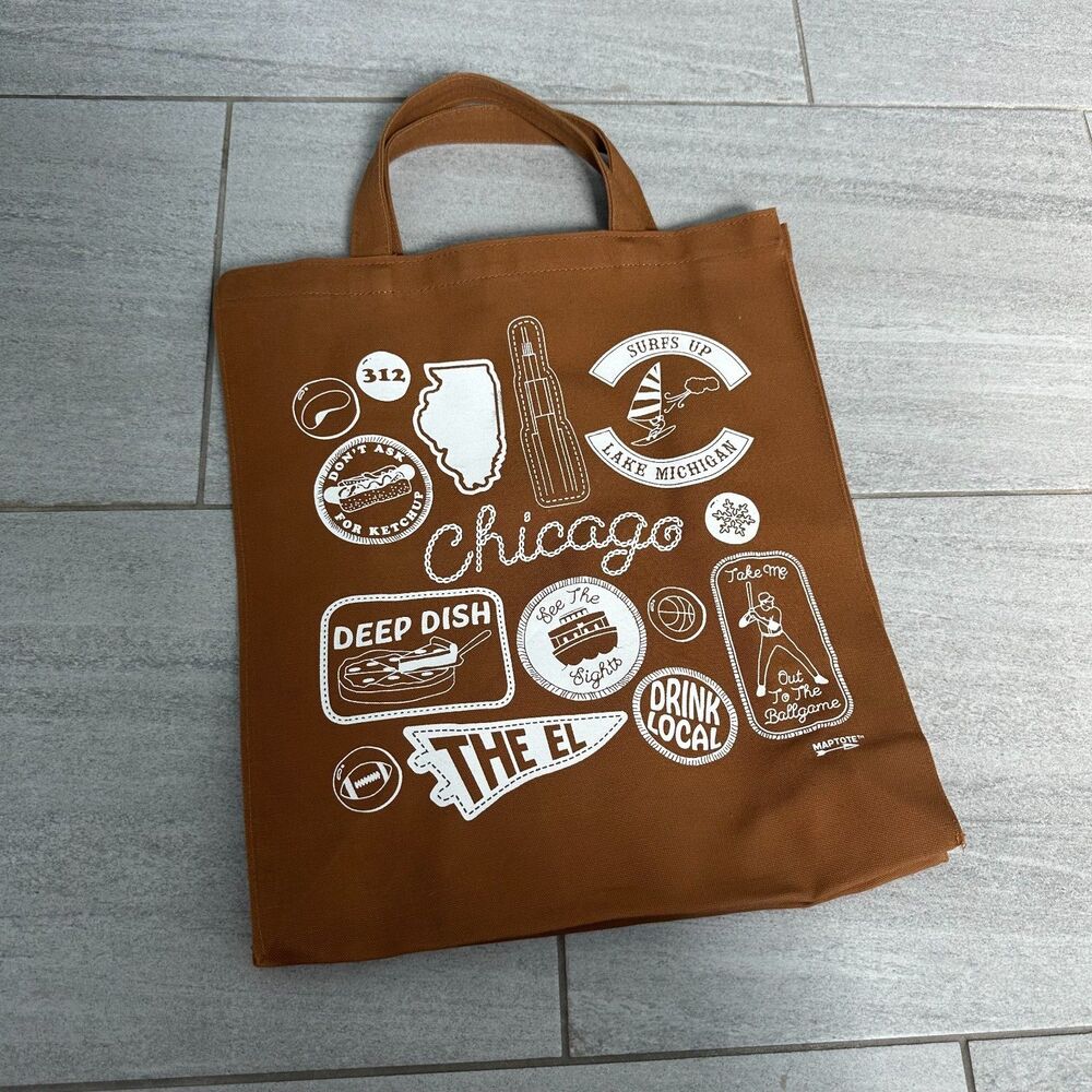 Chicago Shopper Tote MapTote 100% Cotton Durable Canvas Souvenir Brown White